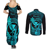 Hawaii Couples Matching Summer Maxi Dress and Long Sleeve Button Shirts Ukulele Mix Polynesian Plumeria Turquoise Version LT14 - Polynesian Pride