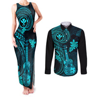 hawaii-couples-matching-tank-maxi-dress-and-long-sleeve-button-shirts-ukulele-mix-polynesian-plumeria-turquoise-version
