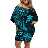 Hawaii Off Shoulder Short Dress Ukulele Mix Polynesian Plumeria Turquoise Version LT14 Women Turquoise - Polynesian Pride