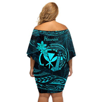 Hawaii Off Shoulder Short Dress Ukulele Mix Polynesian Plumeria Turquoise Version LT14 - Polynesian Pride