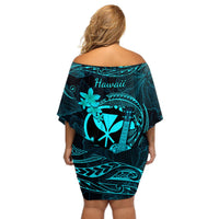 Hawaii Off Shoulder Short Dress Ukulele Mix Polynesian Plumeria Turquoise Version LT14 - Polynesian Pride