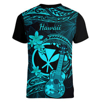 hawaii-women-v-neck-t-shirt-ukulele-mix-polynesian-plumeria-turquoise-version