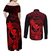 hawaii-couples-matching-off-shoulder-maxi-dress-and-long-sleeve-button-shirts-ukulele-mix-polynesian-plumeria-red-version