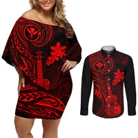 Hawaii Couples Matching Off Shoulder Short Dress and Long Sleeve Button Shirts Ukulele Mix Polynesian Plumeria Red Version LT14 Red - Polynesian Pride