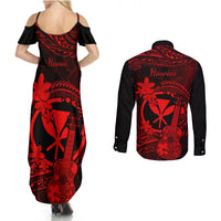 Hawaii Couples Matching Summer Maxi Dress and Long Sleeve Button Shirts Ukulele Mix Polynesian Plumeria Red Version LT14 - Polynesian Pride