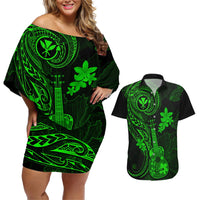 Hawaii Couples Matching Off Shoulder Short Dress and Hawaiian Shirt Ukulele Mix Polynesian Plumeria Green Version LT14 Green - Polynesian Pride