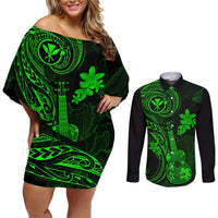 Hawaii Couples Matching Off Shoulder Short Dress and Long Sleeve Button Shirts Ukulele Mix Polynesian Plumeria Green Version LT14 Green - Polynesian Pride