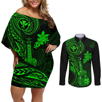 Hawaii Couples Matching Off Shoulder Short Dress and Long Sleeve Button Shirts Ukulele Mix Polynesian Plumeria Green Version LT14 Green - Polynesian Pride