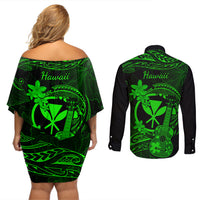 hawaii-couples-matching-off-shoulder-short-dress-and-long-sleeve-button-shirts-ukulele-mix-polynesian-plumeria-green-version