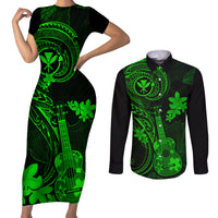 hawaii-couples-matching-short-sleeve-bodycon-dress-and-long-sleeve-button-shirts-ukulele-mix-polynesian-plumeria-green-version