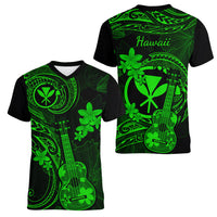 hawaii-women-v-neck-t-shirt-ukulele-mix-polynesian-plumeria-green-version