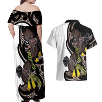 New Zealand Valentines Day Couples Matching Off Shoulder Maxi Dress and Hawaiian Shirt Piwakawaka Lovers Maori Koru Tattoo - Polynesian Pride