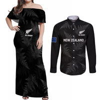 New Zealand Silver Fern Rugby Couples Matching Off Shoulder Maxi Dress and Long Sleeve Button Shirts 2023 Go Aotearoa Champions World Cup LT14 Black - Polynesian Pride