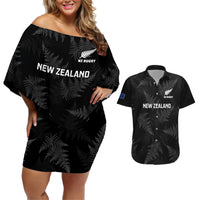New Zealand Silver Fern Rugby Couples Matching Off Shoulder Short Dress and Hawaiian Shirt 2023 Go Aotearoa Champions World Cup LT14 Black - Polynesian Pride