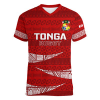 Tonga Rugby Women V Neck T Shirt 2023 Ikale Tahi Tongan Ngatu Pattern LT14 Female Red - Polynesian Pride