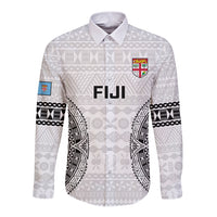 Fiji Rugby Long Sleeve Button Shirt 2023 Go Champions World Cup Fijian Tapa Pattern LT14 Unisex White - Polynesian Pride