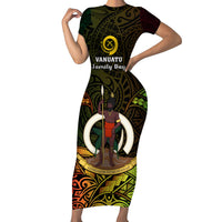 Personalised Vanuatu Family Day Short Sleeve Bodycon Dress Happy 26 December Vanuatuan Pig Tusk LT14 Long Dress Black - Polynesian Pride