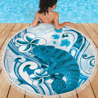 Cyan And White Hawaii Chameleon Beach Blanket Plumeria Polynesian Tribal Art LT14 - Polynesian Pride