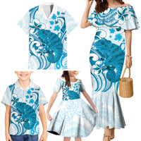 Cyan And White Hawaii Chameleon Family Matching Mermaid Dress and Hawaiian Shirt Plumeria Polynesian Tribal Art
