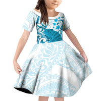 Cyan And White Hawaii Chameleon Family Matching Off Shoulder Short Dress and Hawaiian Shirt Plumeria Polynesian Tribal Art