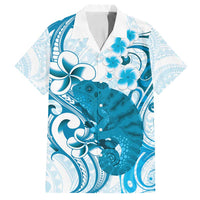 Cyan And White Hawaii Chameleon Family Matching Tank Maxi Dress and Hawaiian Shirt Plumeria Polynesian Tribal Art