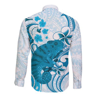 Cyan And White Hawaii Chameleon Long Sleeve Button Shirt Plumeria Polynesian Tribal Art LT14 - Polynesian Pride
