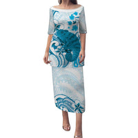 Cyan And White Hawaii Chameleon Puletasi Plumeria Polynesian Tribal Art LT14 Long Dress Cyan - Polynesian Pride