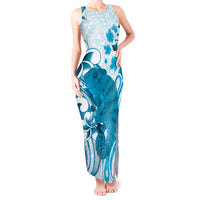 Cyan And White Hawaii Chameleon Tank Maxi Dress Plumeria Polynesian Tribal Art LT14 Women Cyan - Polynesian Pride