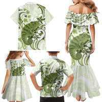 Green And White Hawaii Chameleon Family Matching Mermaid Dress and Hawaiian Shirt Plumeria Polynesian Tribal Art