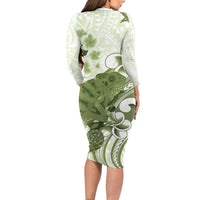 Green And White Hawaii Chameleon Long Sleeve Bodycon Dress Plumeria Polynesian Tribal Art