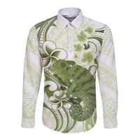 Green And White Hawaii Chameleon Long Sleeve Button Shirt Plumeria Polynesian Tribal Art LT14 Unisex Lime Green - Polynesian Pride
