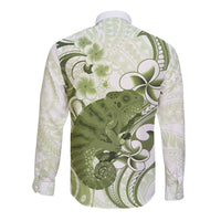 Green And White Hawaii Chameleon Long Sleeve Button Shirt Plumeria Polynesian Tribal Art LT14 - Polynesian Pride