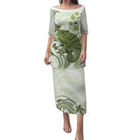 Green And White Hawaii Chameleon Puletasi Plumeria Polynesian Tribal Art LT14 Long Dress Lime Green - Polynesian Pride