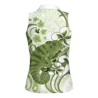 Green And White Hawaii Chameleon Women Sleeveless Polo Shirt Plumeria Polynesian Tribal Art