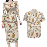 Beige Palaka Hawaii Mele Kalikimaka Couples Matching Long Sleeve Bodycon Dress and Hawaiian Shirt Ohia Lehua Shell Leis Funny Gingerbread Santa - Polynesian Pride