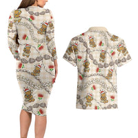 Beige Palaka Hawaii Mele Kalikimaka Couples Matching Long Sleeve Bodycon Dress and Hawaiian Shirt Ohia Lehua Shell Leis Funny Gingerbread Santa - Polynesian Pride