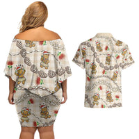 Beige Palaka Hawaii Mele Kalikimaka Couples Matching Off Shoulder Short Dress and Hawaiian Shirt Ohia Lehua Shell Leis Funny Gingerbread Santa - Polynesian Pride