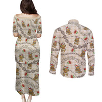 Beige Palaka Hawaii Mele Kalikimaka Couples Matching Puletasi and Long Sleeve Button Shirt Ohia Lehua Shell Leis Funny Gingerbread Santa - Polynesian Pride