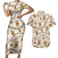 Beige Palaka Hawaii Mele Kalikimaka Couples Matching Short Sleeve Bodycon Dress and Hawaiian Shirt Ohia Lehua Shell Leis Funny Gingerbread Santa - Polynesian Pride