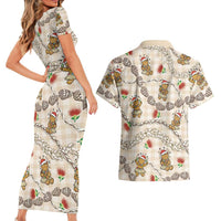 Beige Palaka Hawaii Mele Kalikimaka Couples Matching Short Sleeve Bodycon Dress and Hawaiian Shirt Ohia Lehua Shell Leis Funny Gingerbread Santa - Polynesian Pride