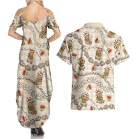 Beige Palaka Hawaii Mele Kalikimaka Couples Matching Summer Maxi Dress and Hawaiian Shirt Ohia Lehua Shell Leis Funny Gingerbread Santa - Polynesian Pride