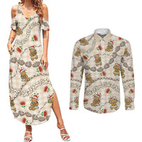 Beige Palaka Hawaii Mele Kalikimaka Couples Matching Summer Maxi Dress and Long Sleeve Button Shirt Ohia Lehua Shell Leis Funny Gingerbread Santa - Polynesian Pride