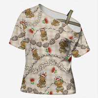 Beige Palaka Hawaii Mele Kalikimaka Cross Shoulder Shirt Ohia Lehua Shell Leis Funny Gingerbread Santa LT14 Female Beige - Polynesian Pride