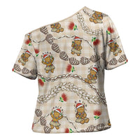 Beige Palaka Hawaii Mele Kalikimaka Cross Shoulder Shirt Ohia Lehua Shell Leis Funny Gingerbread Santa LT14 - Polynesian Pride