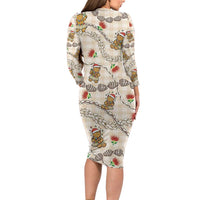 Beige Palaka Hawaii Mele Kalikimaka Family Matching Long Sleeve Bodycon Dress and Hawaiian Shirt Ohia Lehua Shell Leis Funny Gingerbread Santa - Polynesian Pride