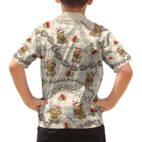 Beige Palaka Hawaii Mele Kalikimaka Family Matching Off The Shoulder Long Sleeve Dress and Hawaiian Shirt Ohia Lehua Shell Leis Funny Gingerbread Santa - Polynesian Pride