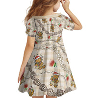 Beige Palaka Hawaii Mele Kalikimaka Family Matching Off The Shoulder Long Sleeve Dress and Hawaiian Shirt Ohia Lehua Shell Leis Funny Gingerbread Santa - Polynesian Pride