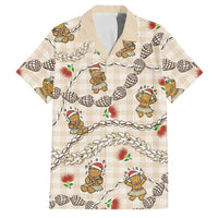 Beige Palaka Hawaii Mele Kalikimaka Family Matching Off The Shoulder Long Sleeve Dress and Hawaiian Shirt Ohia Lehua Shell Leis Funny Gingerbread Santa - Polynesian Pride