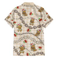 Beige Palaka Hawaii Mele Kalikimaka Family Matching Off The Shoulder Long Sleeve Dress and Hawaiian Shirt Ohia Lehua Shell Leis Funny Gingerbread Santa - Polynesian Pride