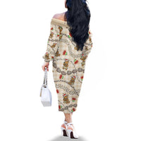 Beige Palaka Hawaii Mele Kalikimaka Family Matching Off The Shoulder Long Sleeve Dress and Hawaiian Shirt Ohia Lehua Shell Leis Funny Gingerbread Santa - Polynesian Pride